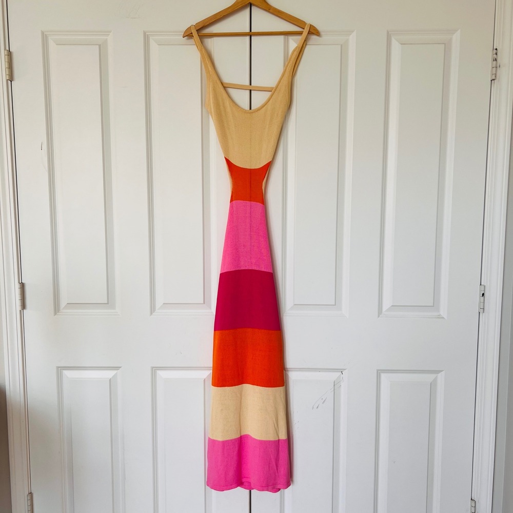 MABLE Colorblock Knit Cutout Maxi Dress Pink Orange Tan Womens Size Small Resort - Picture 2 of 8